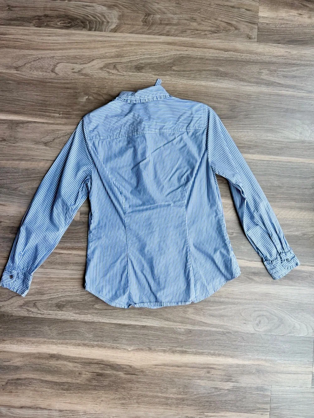 J Crew Striped Tie Neck Tuxedo Ruffle Cotton Shirt Blue White Size 6